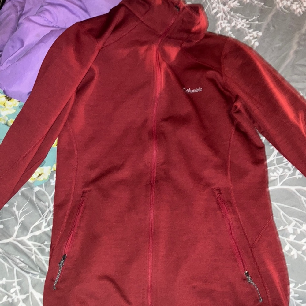 Red Columbia sweater.